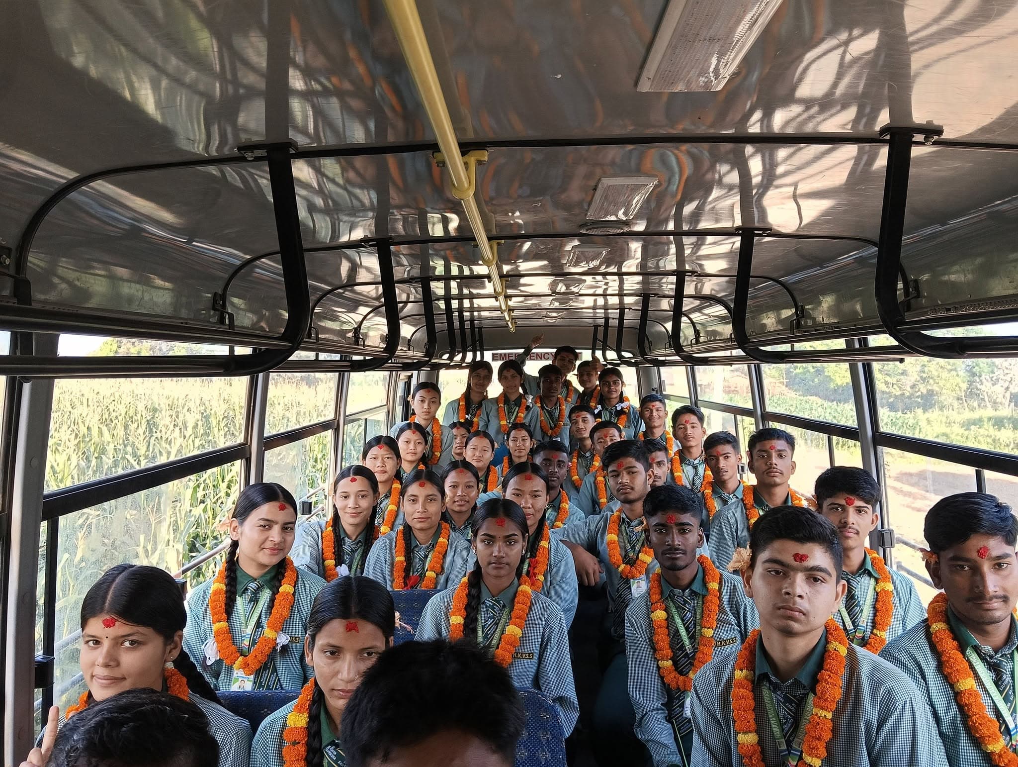Students inside the school bus at Hajariya Kalpavriksha Secondary School